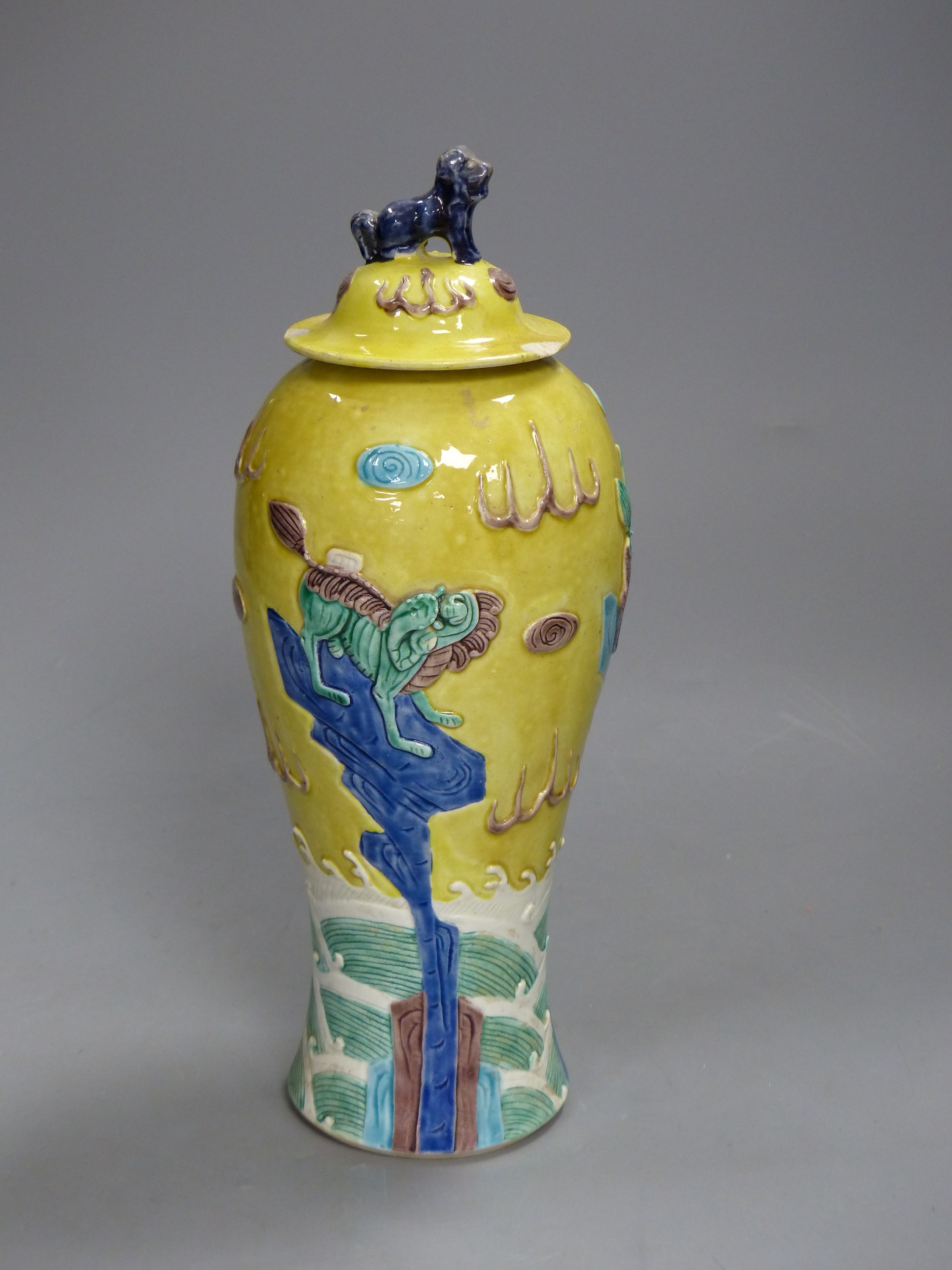 A Chinese polychrome glazed vase, Wang Bingrong seal mark, height 29cm, neck reduced